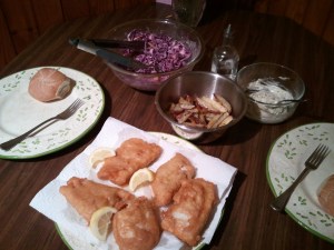 Fried cod with tartar sauce, slaw, and oven fries with vinegar