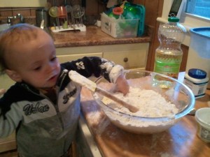 Now the dry ingredients Jude mixes up the dry stuff