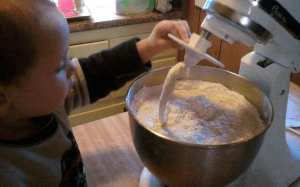 The mixer's really full, so start on the lowest setting. (I made it go really fast, and it was very funny.)