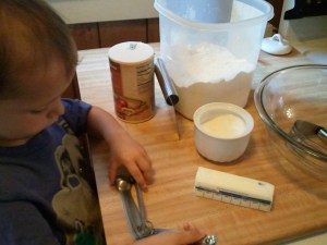 Before making your dough, gather your flour, sugar, salt, and butter--but get that butter back into the fridge as soon as you dice it.