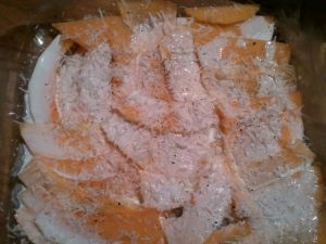 We were starting to get down to the bulb portion of the squash, so there are a few funny pieces in there. It doesn't matter, so long as there's a full layer.