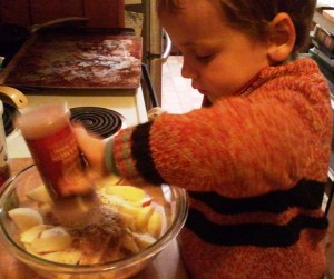 Mama lets me add the spices. I like cinnamon, so I gave it an extra shake.