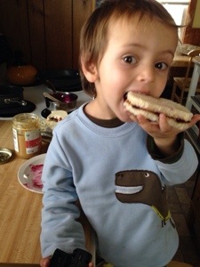 We didn't have any jam or jelly for my sandwich, so Mama and I made blueberry jam!