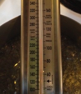 The red line of the thermometer is really close to "soft ball." It takes a while to get there, but once it's close, you have to be ready for it!