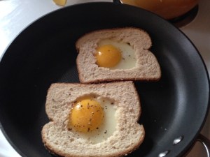 The eggs fit nicely in their little bread nests.