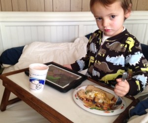 I was able to keep watching a show on the iPad AND eat my breakfast. Win-win.