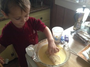 I used my hands to dip and turn the sliced bread to get it coated in nog mixture. Mama likes to use a fork.