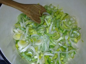 Try to keep any color out of the leeks by gently sweating them.