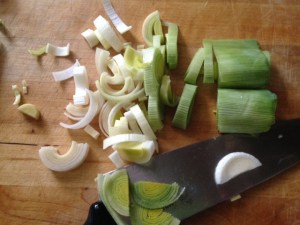 The leeks don't have to be sliced too-too thinly. Stop when you get to the very green part.