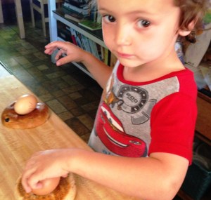 I'm giving these eggs from a friend's farm bagel nests.