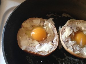 The eggs fit perfectly in those bagel holes. 